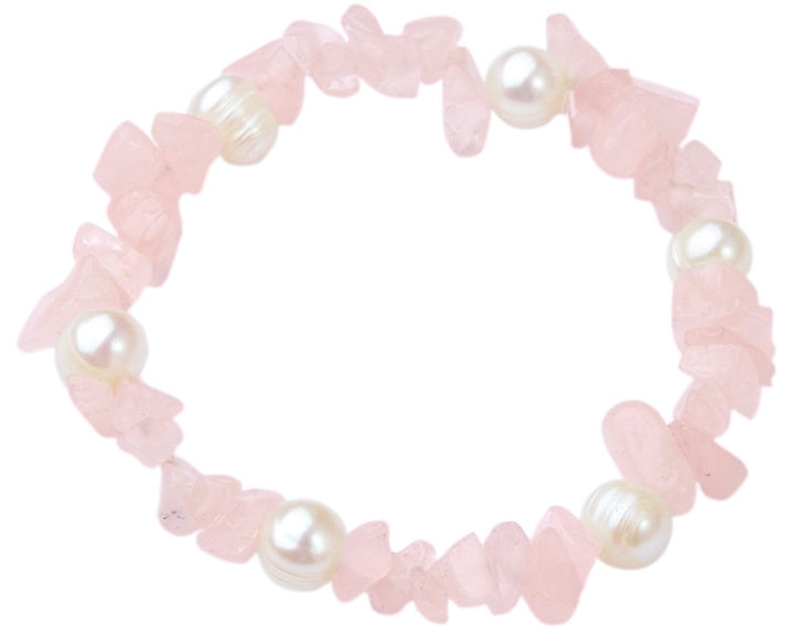 Wit zoetwater parel armband met roze edelstenen rozenkwart, elastisch | Pearl Rose Quartz Chip