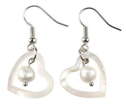 Witte zoetwater parel oorbellen met witte parel en parelmoer hart en sterling zilver (925) | Pearl Heart Shell