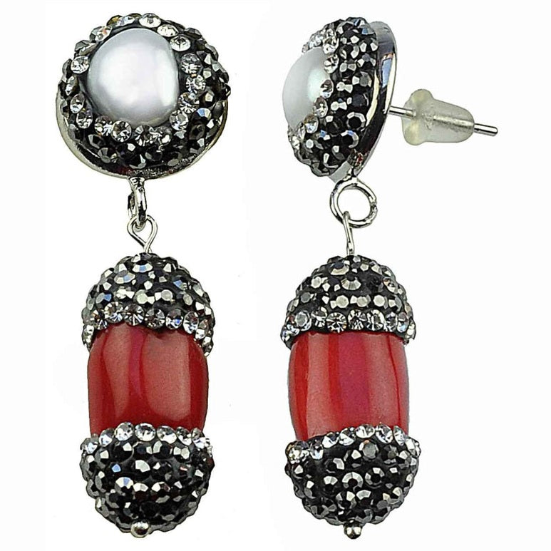 Witte zoetwater parel oorbellen met rood koraal en stras steentjes | set Bright Pearl Coral