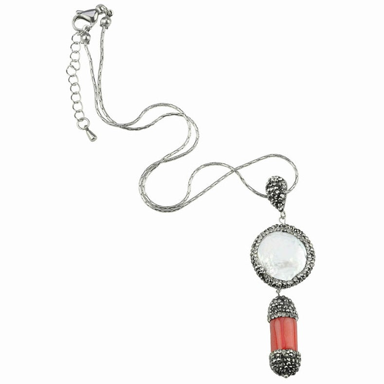 Zoetwater parelketting met hanger met witte parel, rood koraal, stras steentjes en zilver edelstaal | Bright Pearl Coral Two