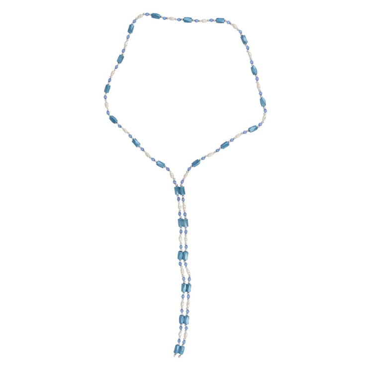 Lange zoetwater parelketting met witte parels en blauwe edelsteen magnetiet | Wrap Magenetite Blue Pearl