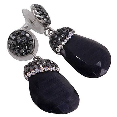 Zwarte edelstenen oorbellen met kattenoog en stras steentjes, zijaanzicht | Bright Black Cat&
