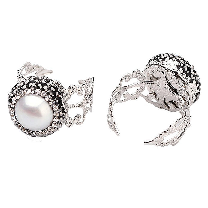 Zoetwater parel ring met stras steentjes, voor en achterkant | Bright Pearl Small