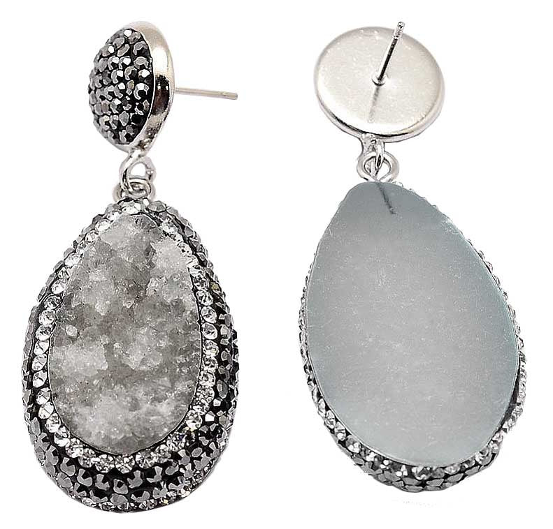 Grijze edelstenen oorbellen met druzy agaat en stras steentjes, oorknopjes, achterzijde | Bright Teardrop Druzy Agate
