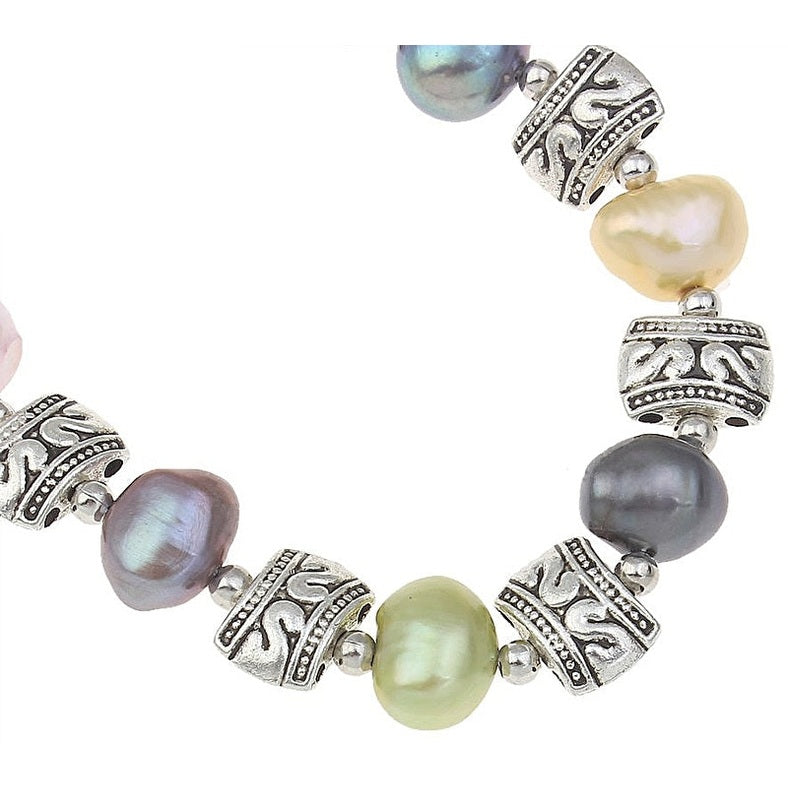 Detail van zoetwater parel armband met bond gekleurde parels | Decorative Pearl Antique Silver