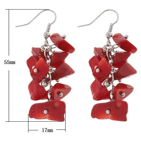 Rood koralen oorbellen met trosje koraal en sterling zilver 925 met maatindicatie | Coral Pieces Long