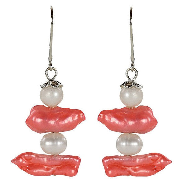 Zoetwater parel oorbellen met witte parel, gekleurde biwa parel en sterling zilver (925), vooraanzicht | Biwa Lipstick