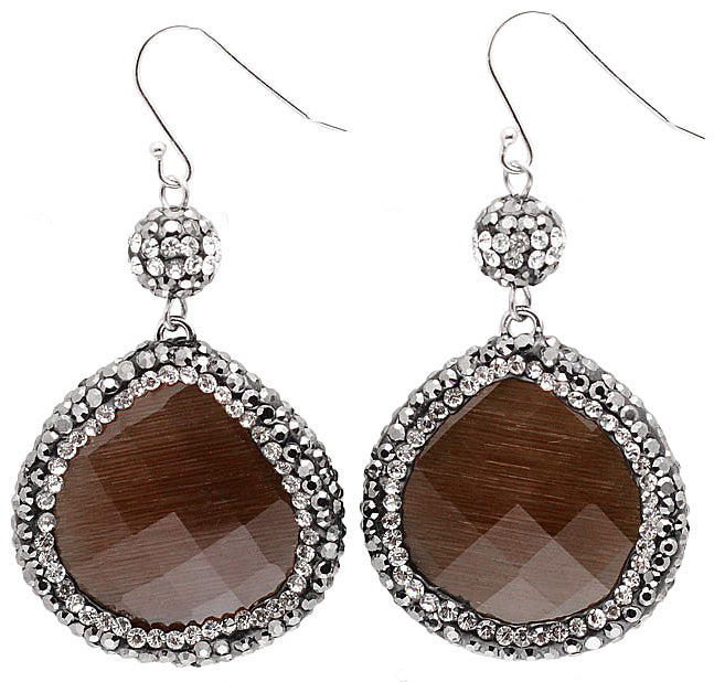 Bruine edelstenen oorbellen met kattenoog, stras steentjes en sterling zilver (925) | Bright Brown Cat’s Eye
