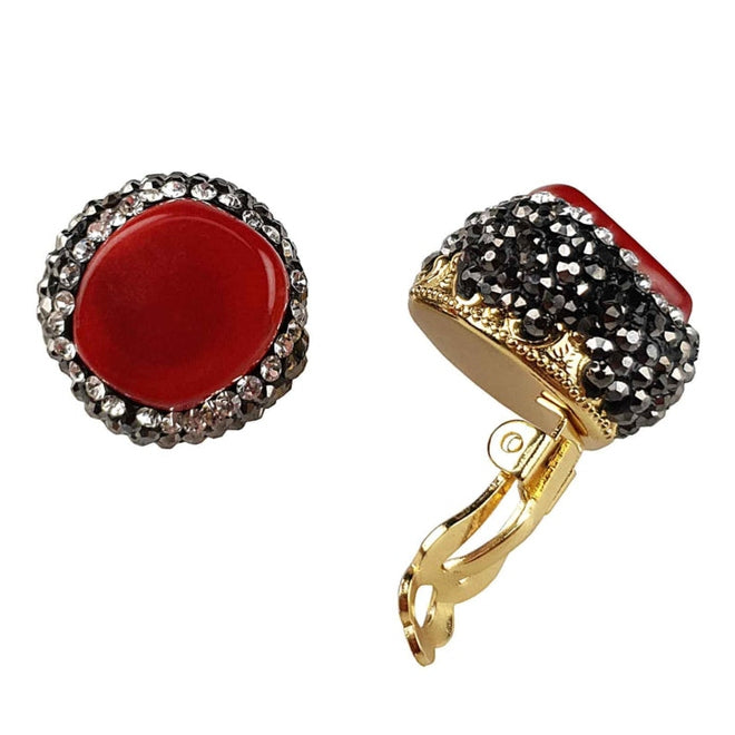 Koralen clips oorbellen met rood koraal en stras steentjes voor en zijaanzicht | Bright Coral Clips