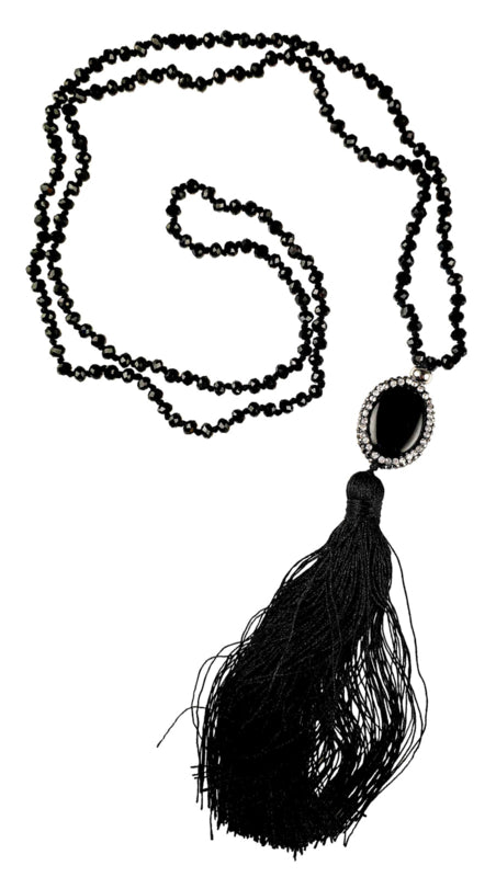 Edelstenen ketting Long Bright Black Agate Tassel