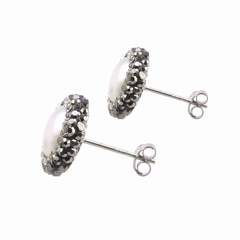 Zoetwater parel oorknopjes met witte parels, stras steentjes en sterling zilver (925), zijaanzicht | Bright Pearl Small