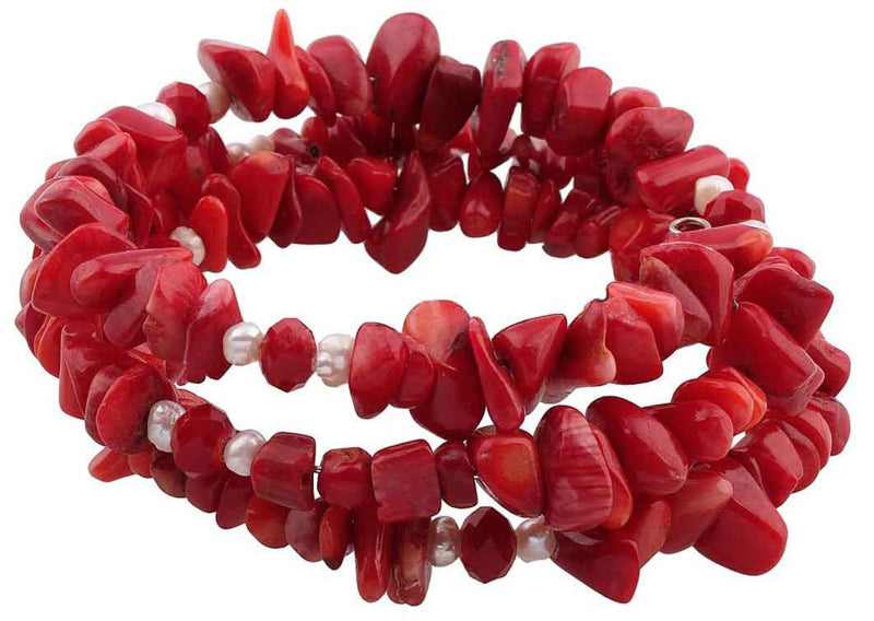 Wit zoetwater parel wikkelarmband met rood koraal | Wrap Coral Pearl