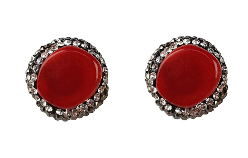 Koralen clips oorbellen met rood koraal en stras steentjes vooraanzicht | Bright Coral Clips
