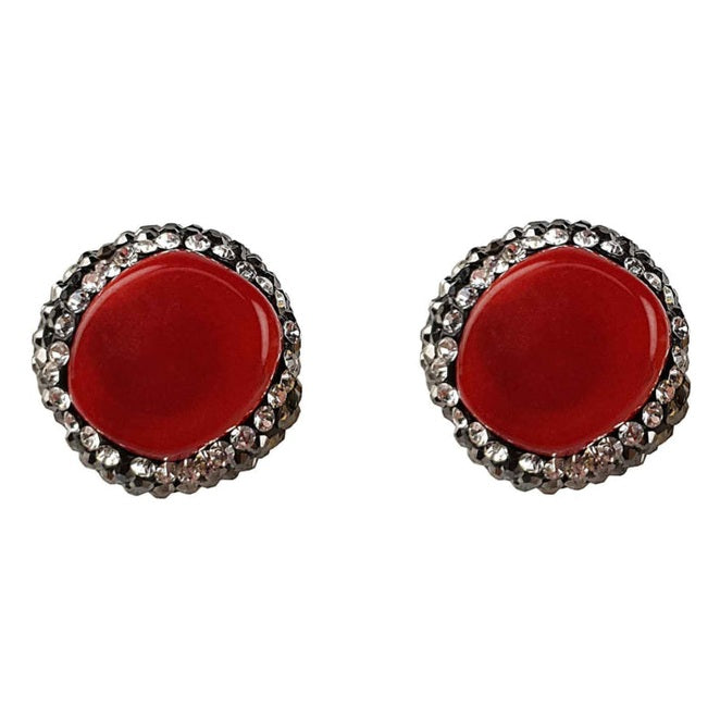 Koralen clips oorbellen met rood koraal en stras steentjes vooraanzicht | Bright Coral Clips