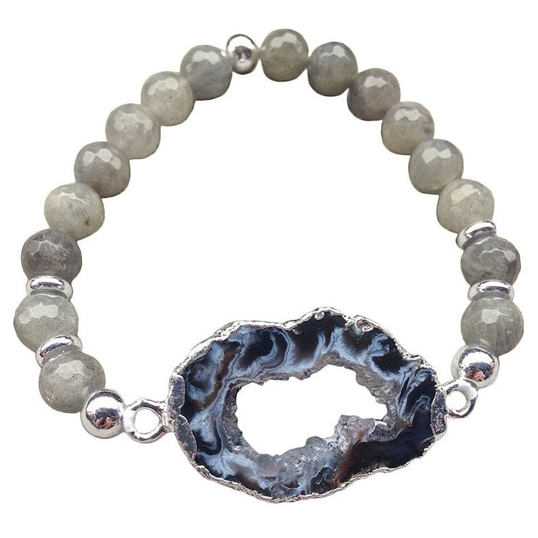 Edelstenen armband met labradoriet en ijskwarts, elastisch edelstenen armband | Geodea