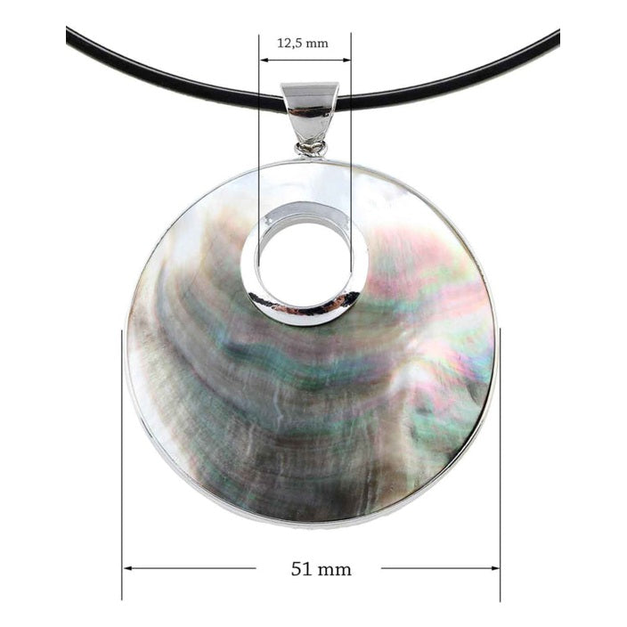Grijze parelmoeren ketting met hanger, maataanduiding | Donut Round Black Shell