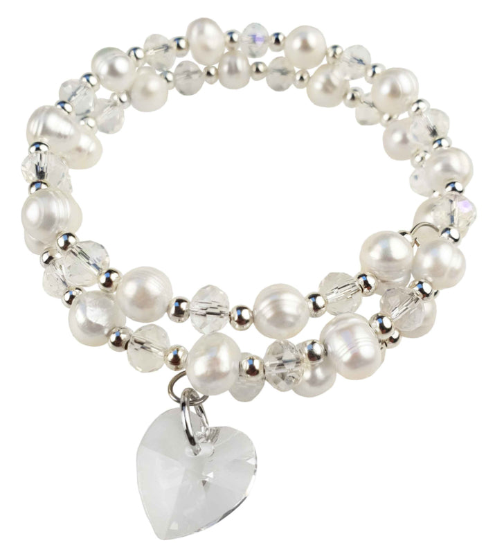 Wit zoetwater parel wikkel armband met kristallen hartje | Wrap Pearl Crystal Heart