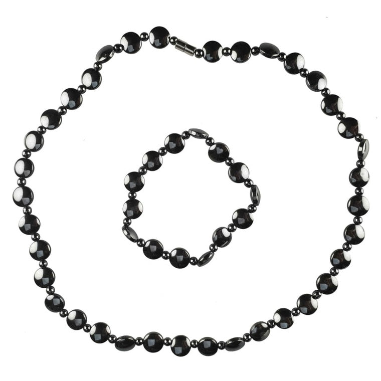 Zwarte edelstenen set bestaande uit een edelstenen ketting en armband van hematiet | set Hematite Coin (KA)