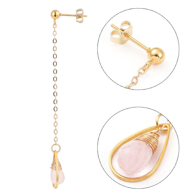 Lange roze edelstenen oorbellen met rozenkwarts en goud edelstaal met details | Dangling Long Rosé Quartz
