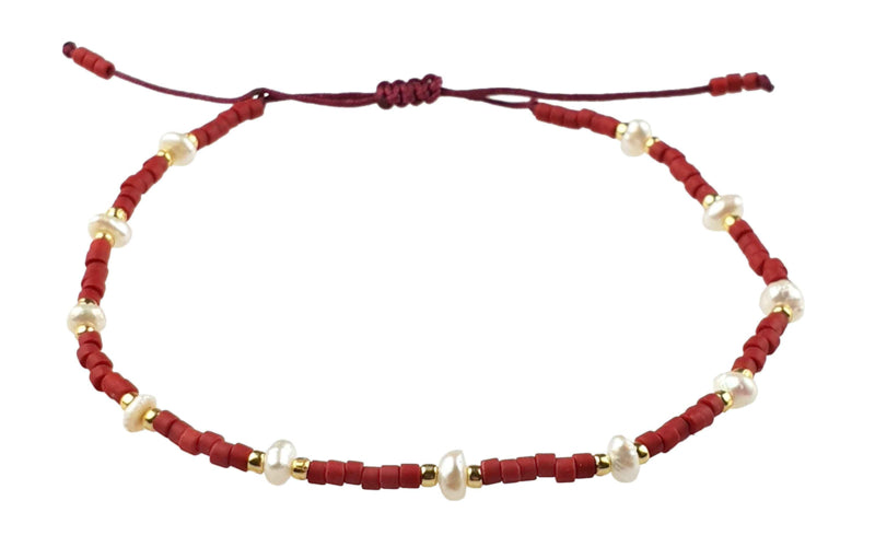 Wit zoetwater parel armband met rode en gouden kraaltjes en schuifsluiting | Mini Pearl Bead Red