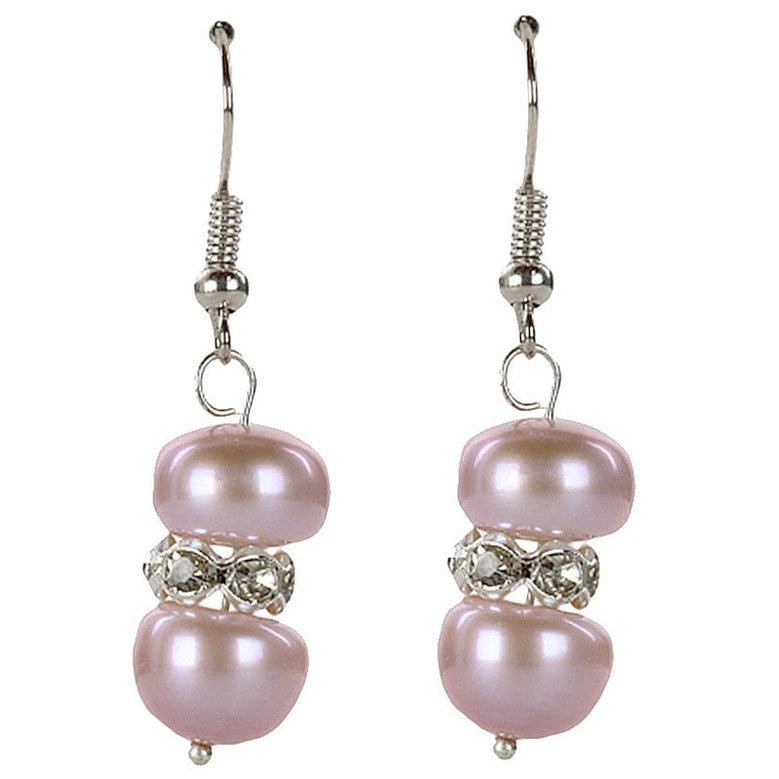 Roze zoetwater parel oorbellen met stras steentjes en sterling zilver 925, vooraanzicht | Bling Pearl Purple