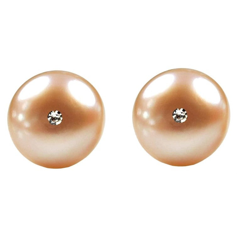 Zalm kleurige zoetwater parel oorbellen met stras steentje vooraanzicht | Mea Bling Pe