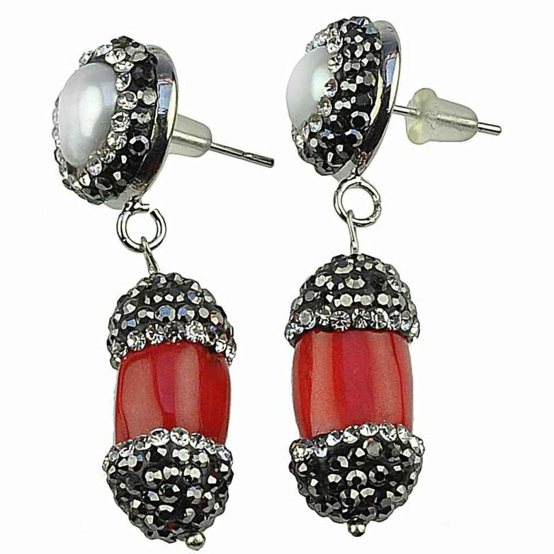Witte zoetwater parel oorbellen met rood koraal en stras steentjes, zijaanzicht | set Bright Pearl Coral