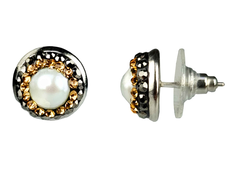 Witte zoetwater parel oorknopjes met stras steentjes | Bright Pearl Gold Small