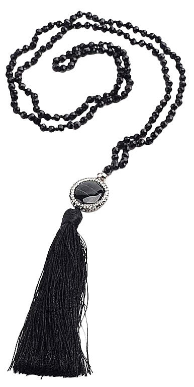 Edelstenen ketting Long Bright Black Agate Tassel