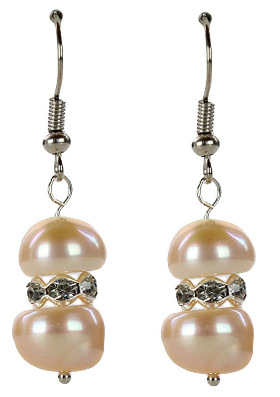 Zoetwater parel oorbellen met zalm kleurige parels, stras steentjes en sterling zilver 925, vooraanzicht | Bling Pearl Peach