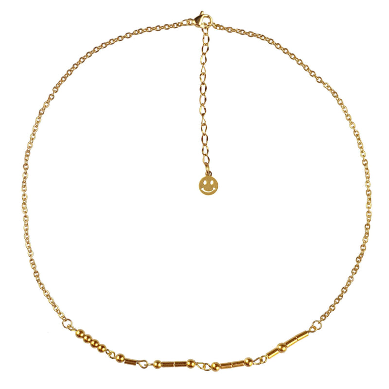 Gouden edelstenen ketting met goud edelstaal en hematiet stenen die het woord HAPPY in morse code weer geeft | Morse Code Happy Gold Hematite