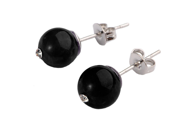 Zwarte edelstenen oorbellen met agaat en stras steentje , zwarte oorknopjes | Bling Black Agate