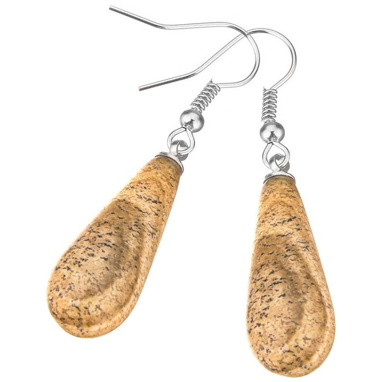 Bruine edelstenen oorbellen met jaspis in druppel vorm en sterling zilver (925) schuin liggend | Picture Jasper Long Drop