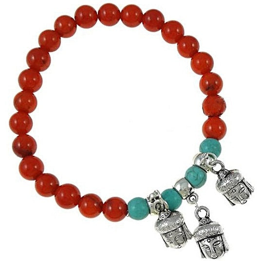 Elastisch rood koralen armband met turkoois en bedeltjes met boeddha hoofd | Coral Buddha Head