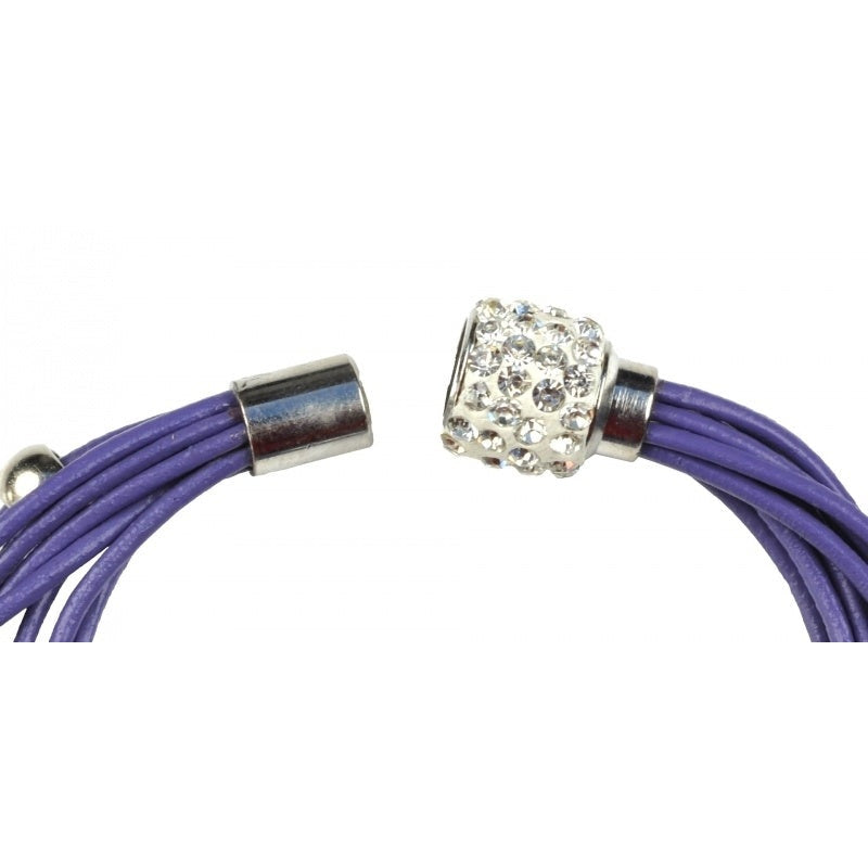 Wit zoetwater parel armband met paars leer en stras steentjes met open slotje | Bling Pearl Purple