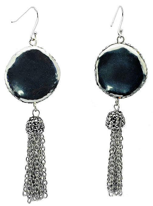 Lange witte zoetwater parel oorbellen met sterling zilver (925), stras steentjes en kwastje, achterzijde | Bright Pearl Dangling Tassel