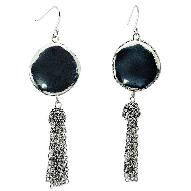 Lange witte zoetwater parel oorbellen met sterling zilver (925), stras steentjes en kwastje, achterzijde | Bright Pearl Dangling Tassel