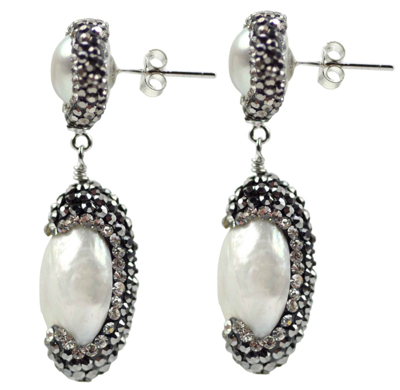 Zoetwater parel oorbellen met stras steentjes, zijaanzicht | Double Bling Baroque Pearl