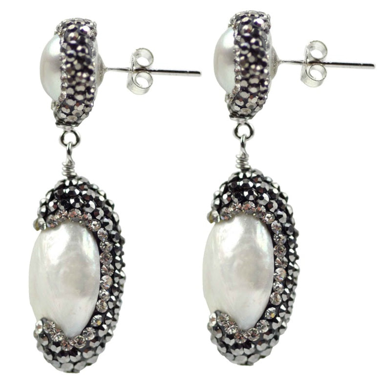 Zoetwater parel oorbellen met stras steentjes, zijaanzicht | Double Bling Baroque Pearl