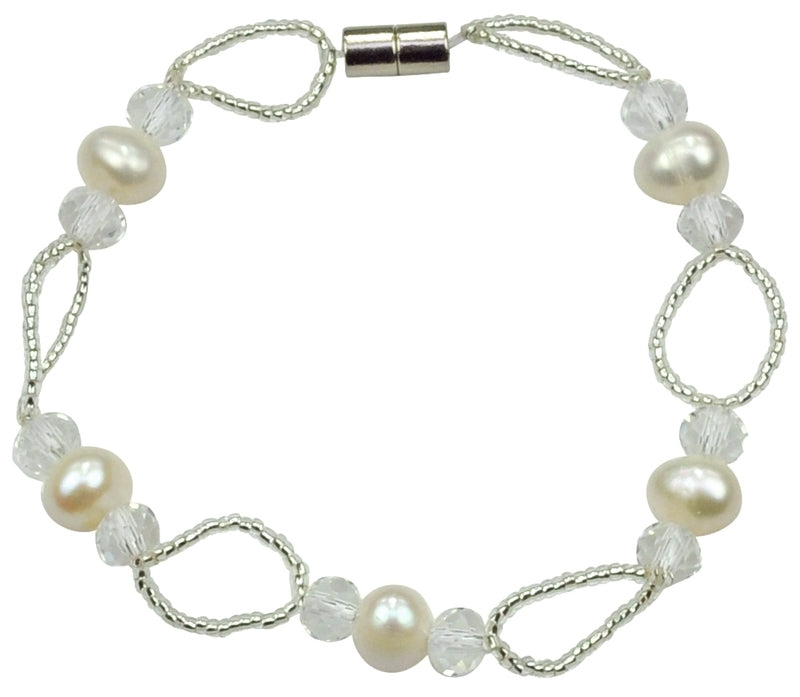 Zoetwater parel armband met witte parels en glaskristallen en magneetslot | set Wicio