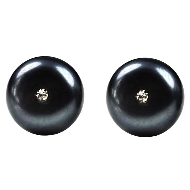 Zwarte zoetwater parel oorknopjes met stras steentje vooraanzicht | Mea Bling B