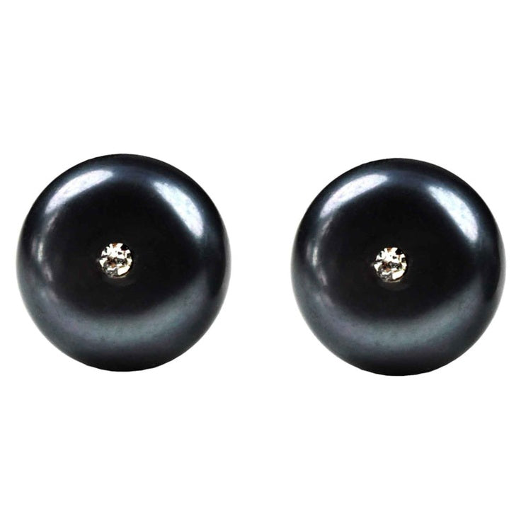 Zoetwater parel oorknop met zwarte parel en stras steentje vooraanzicht | Cadeau set Mea Bling W-B