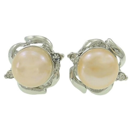 Zoetwater parel oorknoppen met zalm kleurige parels met stras steentjes | Zarleen