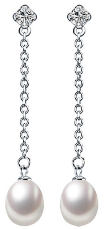 Lange witte zoetwater parel oorbellen met stras steentjes en sterling zilver 925