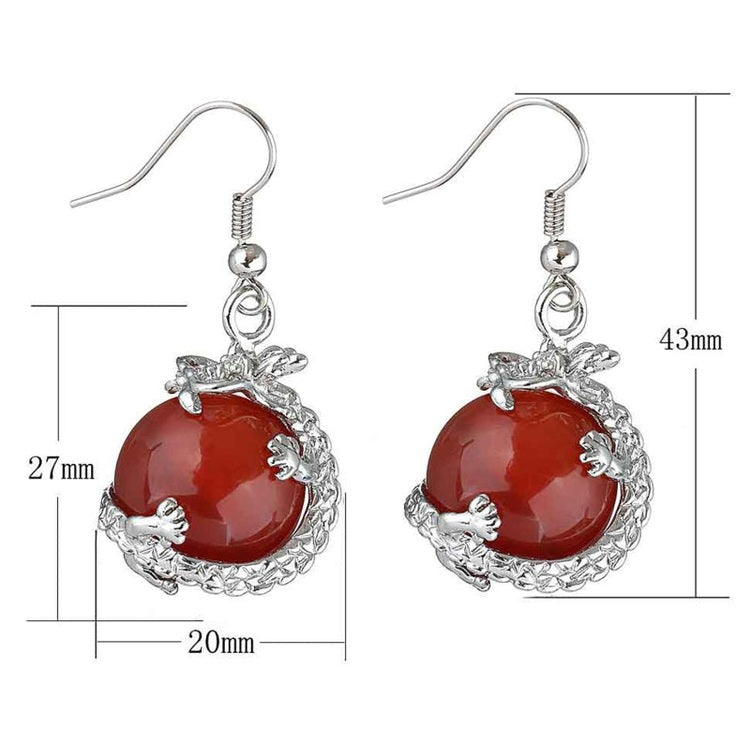 Edelstenen oorbellen met rood koraal, zilveren draak en sterling zilver (925) met maatindicatie | Red Agate Dragon