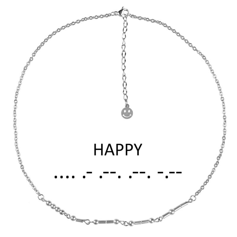 Zilveren edelstenen ketting met zilver edelstaal en hematiet stenen die het woord HAPPY in morse code weer geeft | Morse Code Happy Silver Hematite