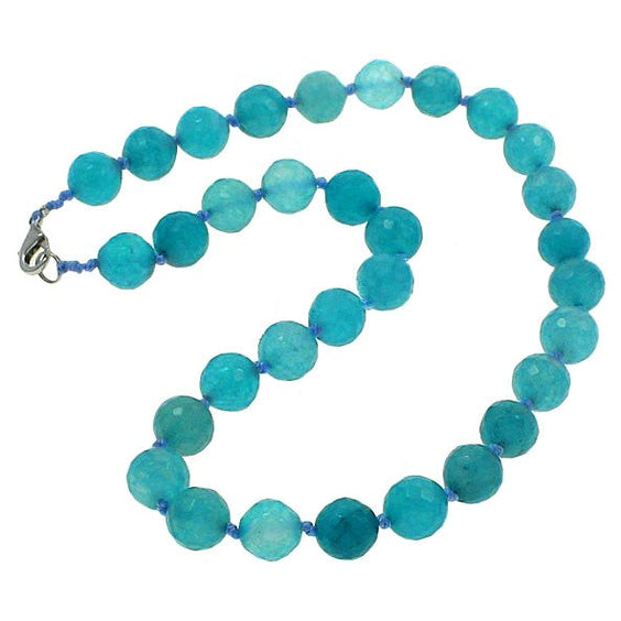 Aqua blauwe handgeknoopte edelstenen ketting met aagt en sterling zilver (925) | Facet Blue Agate Ball