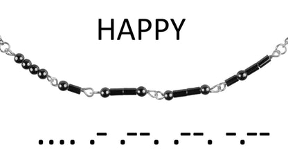 Cadeau set edelstenen ketting Morse Code Happy Black Hematite Silver