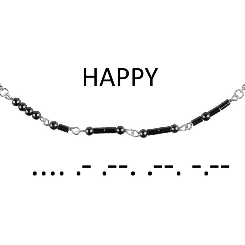 Zwarte edelstenen ketting met zilver edelstaal en hematiet stenen die het woord HAPPY in morse code weer geeft | Morse Code Happy Black Hematite Silver