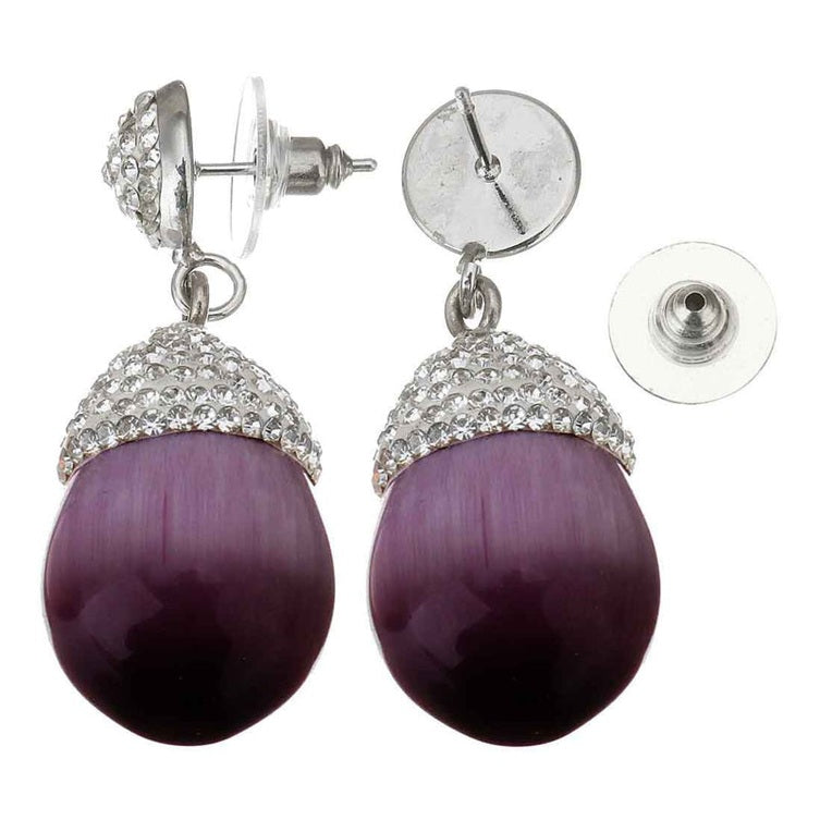 Paarse edelstenen oorbellen met kattenoog en zilveren stras steentjes met en zonder achterkantje | Bright Silver Purple Cat’s Eye